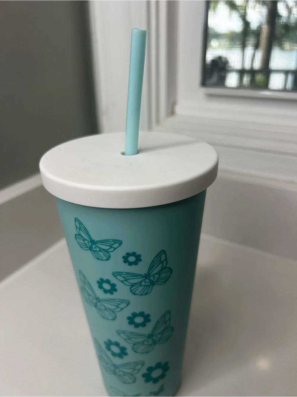 NEW Dolly Parton Aqua Butterfly Flower Reusable Straw Tumbler 8” tall